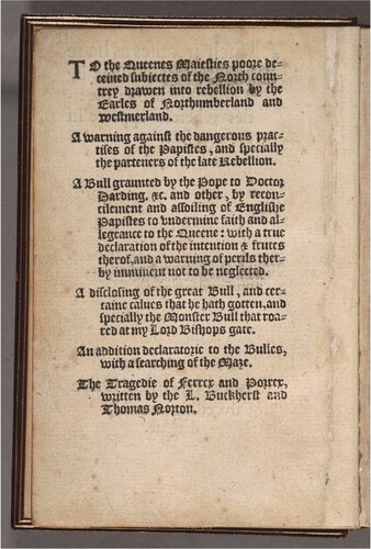 Figure 3. Contents page from Thomas Norton’s All Such Treatises ([1570]; STC 18677). The Huntington Library, San Marino, California. Shelf mark RB 59846.
