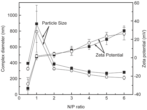 Figure 2.  Zeta potential and particle size as a function of the N/P ratio of DNA/chitosan complexes prepared at the concentration of 0.2 mg/ml of DNA and chitosan. ▪ DNA/chi-87K complexes, o DNA/chi-18K complexes. The results are expressed as the mean ± SE (n = 5).