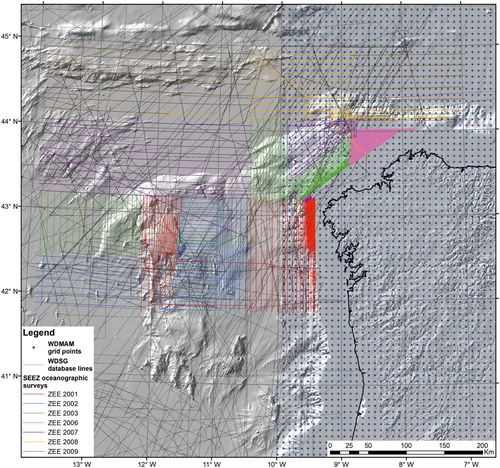 Figure 2. Ship navigation lines with magnetic data acquisition during the different SEEZ project surveys (color coded), track lines compiled for the WDMAM (black lines), and the WDMAM grid points (blue stars) used here to broaden and densify the new grid, over the shaded relief model obtained from EMODnet (offshore) and SRTM (onshore) open datasets.