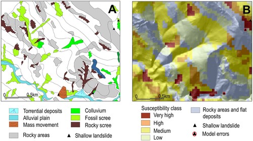 Figure 8. (A) Shallow landslides, belonging to the landslide cartographic inventory, superimposed on geomorphologycal map (surficial formation and rocky areas mapping), and (B) the same landslides superimposed on the Susceptibility Model (matrix format 50×50 m cell). Two shallow landslides were mapped next to the rocky areas (one of them on colluvium deposits) but in the matrix model, they are in a cell assigned to a rocky area.