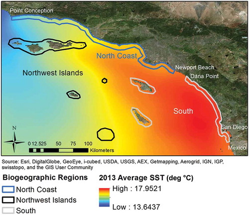Figure 1. Three biogeographical regions compared in this study—South (gray), North Coast (blue), and Northwest Islands (black) overlaid with the mean 2012 sea surface temperatures (in °C).