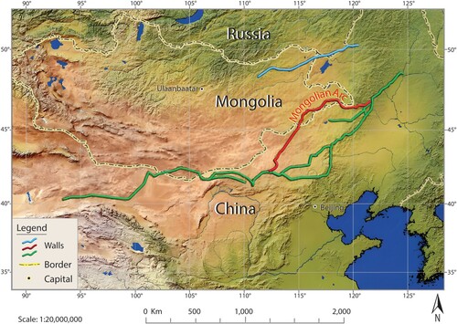 Figure 1. Map delineating three distinct wall sections: the Northern Line is represented in blue, the Southern Line in green, and an extension segment of the Southern Line in red. The Mongolian Arc is the part of the red line that extend into Mongolian territory.