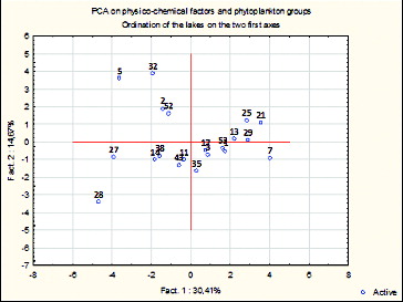 Figure 7. PCA on the phytoplankton data and the environmental variables. Ordination of the water bodies on the two first factors. Note: See Figure 1 and Table 1 for identification of the water bodies and Figure 6 for environmental variables.