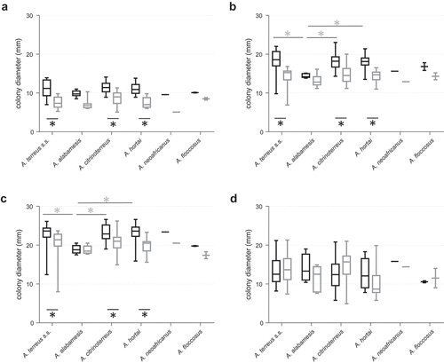 Figure 1. Radial growth of cryptic species within section Terrei differs depending on medium and incubation temperature. Box and whisker blots represent the median ± maximum/minimum colony diameter of strains grown on ACM (black boxes) and RPMI1640 (grey boxes), respectively, at 25°C (a), 30°C (b), 37°C (c) and 42°C (d) for 48 h. Stars below boxes indicate significant difference between ACM and RPMI1640 medium (p < 0.05; 2 Way ANOVA, Sidak´s multiple comparison). Grey stars above boxes indicate significant difference in the median colony diameter between the species (p < 0.05; 2 Way ANOVA, Tukey´s multiple comparison).