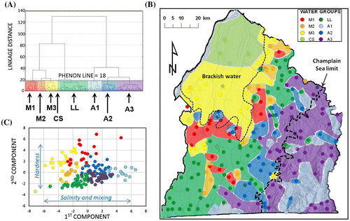 Figure 4. Results of multivariate statistical analysis of geochemical parameters. A, Cluster analysis tree diagram defining the eight water groups below a phenon line of 18. B, Spatial distribution of the 190 samples with colored areas belonging to a water group. C, Values of the first and second components of the principal component analysis for the 190 samples identified with their water group. The names of water groups were assigned on the basis of their spatial distribution (Figure 4B) and their geochemical characteristics (Figure 5): three ‘Appalachian’ groups, A1, A2 and A3; a ‘Lowland’ group, LL; a ‘Champlain Sea’ group, CS; and three ‘Mixed’ or ‘Monteregian’ groups, M1, M2 and M3.