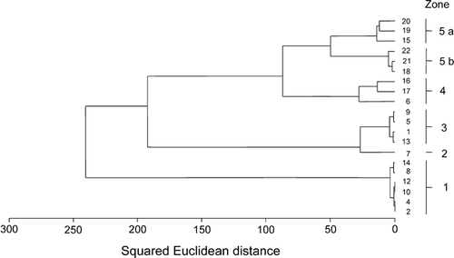 Figure 3 Dendrogram displaying classification of the vegetation stands. The numbers and lines on the right margin indicate the vegetation zones from the adjacent (no. 1) to the most distant zone (no. 5) from penguin rookeries. The classification was achieved using Ward's method with Squared Euclidean Distance as a dissimilarity measure.