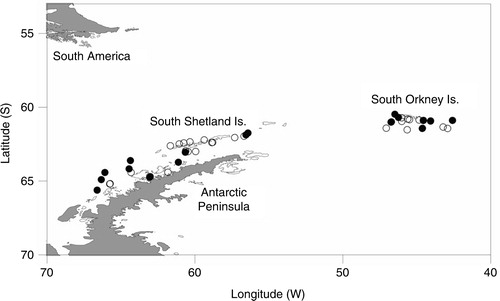 Fig. 1  Sampling stations of the 2012, 2013 and 2014 Argentinean Antarctic Expeditions. Scleractinian corals were collected only at the stations marked with black circles.