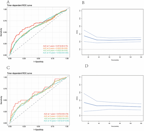 Figure 6 Time-dependent ROC curves and time-dependent AUC values of the NLR for predicting all-cause mortality (A and B) and cardiovascular mortality (C and D).