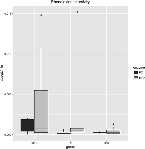 Figure 7. Basal (PO) and total plasmatic phenoloxidase (pPO) activities in Procambarus clarkii males from control (CTRL), latex beads (LB) and irradiated (IRR) groups measured as the slope of the reaction curve at Vmax. The enzymatic activities were recorded as absorbance units for µL of haemolymph per min (for statistics see the text).