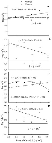 Figure 4. Nitrogen (A), phosphorus (B), sulfur (C), and magnesium (D) content in soybean seeds after foliar application of calcium and boron.