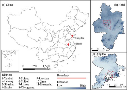 Figure 1. Location of the study areas: Hefei (b) and Qingdao (c)