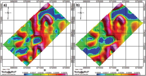 Figure 7. Depthslice of modelled 3D residual aeromagnetic grid from the depth of a) 100 m and b) 200 m