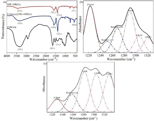 Figure 2. (a)FT-IR spectra of cellulase MIL-88B(Fe) and Cellulase@MIL-88B(Fe). Secondary structural changes in (b) Cellulase and, (c) Cellulase@MIL-88B(Fe).