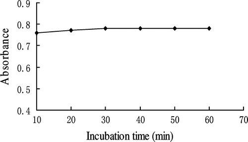 Figure 6.  Effect of incubation time on color development at room temperature. HA standard solution (100 µL) was allowed to react with 2.0 mL of 2.5% DAB-QL and 0.2 mL of acetic anhydride for different time periods at room temperature.