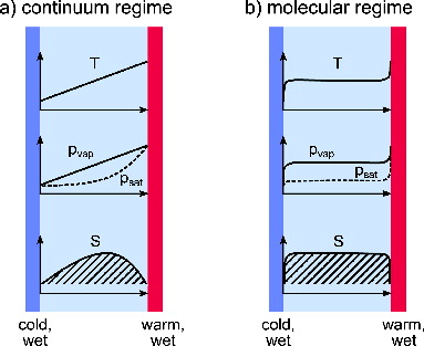 FIG. 1. Schematic representation of a supersaturation chambers: (a) diffusion cloud chamber, (b) free molecular flow cloud chamber. The slightly rounded edges of all curves in (b) reflect the fact that the molecular flow assumption breaks down for infinitely sized plates.