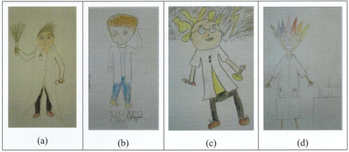 Figure 4. Student drawings in Phase 1 of a person typifying a scientist. All wear a lab coat, some with unusual hairdo, and some with flasks.