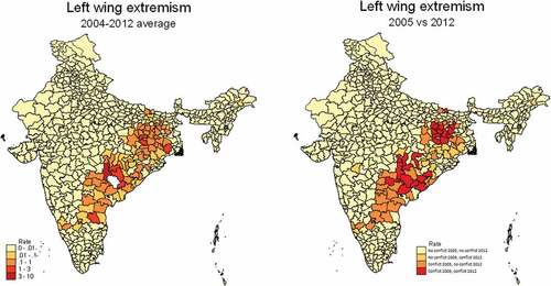 Figure 2. Heat map of Naxalite activity in India 2004/05-2011/12 average (left) and trajectory (right).