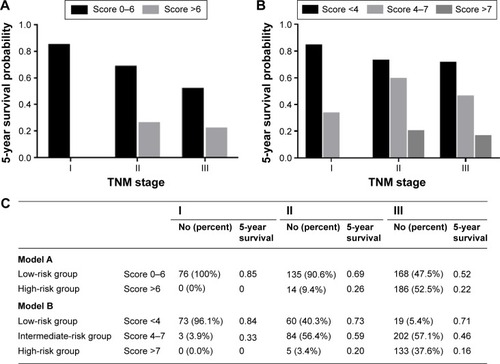 Figure 3 The relationship between 5-year survival and UICC stage classification of patients in Models A and B.