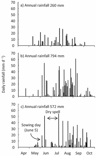 Figure 2 Daily rainfall for the year with (a) the least rain, (b) the most rain and (c) a severe dry spell at the International Crops Research Institute for the Semi-Arid Tropics (ICRISAT) West and Central Africa (Niger).