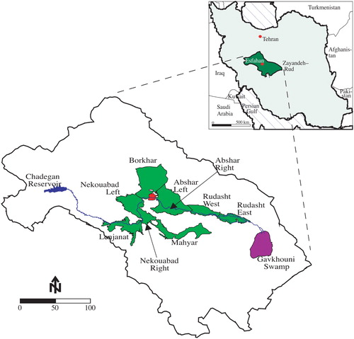 Figure 1. Location and main irrigation schemes in the Zayandeh–Rud Basin, Iran.