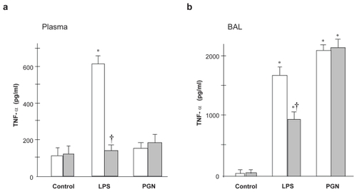 Figure 3 TNF-α concentration in plasma (a) and BAL fluid (b) LPS-induced increase in plasma TNF-α concentration was significantly attenuated in C3H/HeJ mice, compared with C3H/HeN mice. PGN-induced upregulation of TNF-α did not differ between the two strains.Notes: Open columns, C3H/HeN mice; Gray columns, C3H/HeJ mice; Data are presented as the mean ± SEM (n = 6); *p < 0.05 versus control; †p < 0.05 versus C3H/HeN mice.Abbreviations: BAL, bronchoalveolar lavage; LPS, lipopolysaccharide; PGN, peptidoglycan; SEM, standard error of mean.