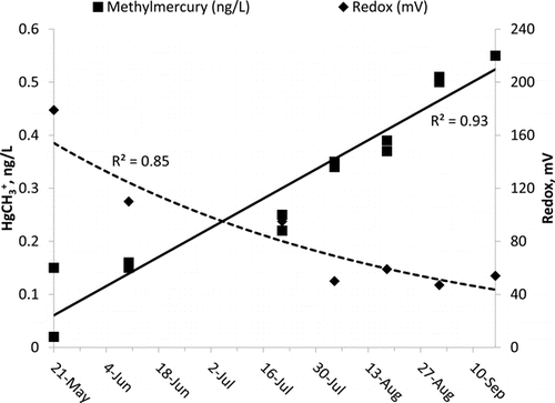 Figure 2 Lake Ann HgCH3+ and redox, 2010.