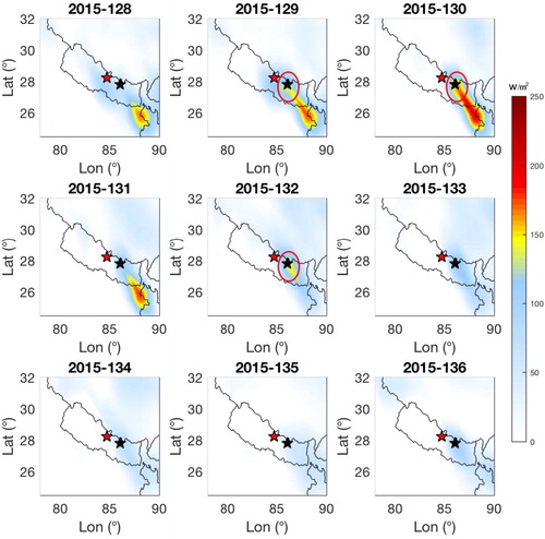 Figure 6. Spatial distribution of SLHF peaks compared to the background years during 128–136 Julian days of 2015, red and black stars are the location of main earthquake and aftershock events, respectively.