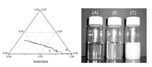 Figure 2 Phase diagram for iso-octane/chitosan solution/AOT. Point A (iso-octane/chitosan solution/AOT=97.7:0.4:1.9 by weight) located in the water-in-oil microemulsion region showed the mixture was transparent. Point B (iso-octane/chitosan solution/AOT=90.0/8.3/1.7 by weight), which sits on the line indicating the interface between the microemulsion and emulsion domains, represents the translucent appearance of the mixture. With further addition of chitosan solution, the mixture turned into a milky emulsion (point C) (isooctane/chitosan solution/AOT=81.5/16.4/2.1 by weight).Abbreviations: AOT, sodium bis(2-ethylhexyl) sulfosuccinate.