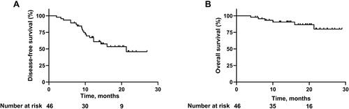 Figure 1 Kaplan-Meier survival curves in all patients. (A) Disease-free survival. (B) Overall survival.