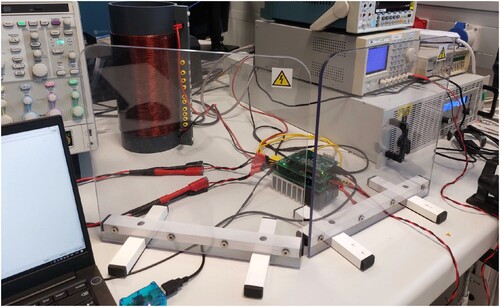 Figure 12. Test setup for experimental verification of direct maps, consisting of HVDC source, 700μH inductor and PC with UART communication to main MCU for test parametrization.