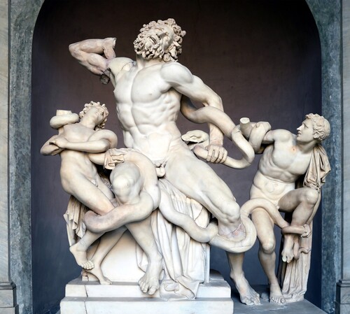 Figure 2. Laocoön and his Sons. Copy after an Hellenistic original from c. 200 BC, Museo Pio-Clementino. Marble, height 2.4  m. Photo by LivioAndronico (Creative Commons CC-BY-SA-4.0).