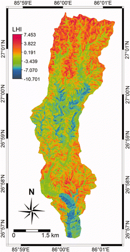 Figure 9. Landslide hazard index map of the Jalad catchment after weights-of evidence modelling. Available in colour online.