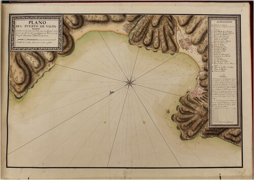 Fig. 7. Plan of Valparaíso, c. 1797, from the Atlas maritimo, LOC. 45 × 67 cm. This chart features intricate geometric designs on both the cartouche and legend.