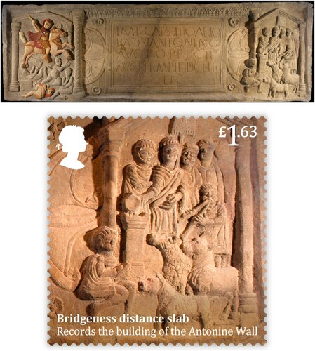 Figure 7 Digital reconstruction of the Bridgeness Distance Sculpture in polychromy (top) and Royal Mail stamp (bottom).bottom: © Stamp Design Royal Mail Group Ltd 2020