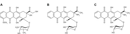 Figure 1 Chemical structures of doxorubicin (A), amrubicin (B), and amrubicinol (C).