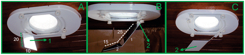 Figure 3. Light redirection devices. (A) First device, (B,C) Second device .