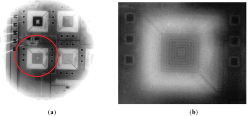 Figure 20. Thermogram of a MEMS test circuit containing suspended spiral inductors obtained using the R9 extension ring configuration (132.7 mm); (a) camera focused at the circuit surface; (b) camera focused approximately 300 µm below the circuit surface.