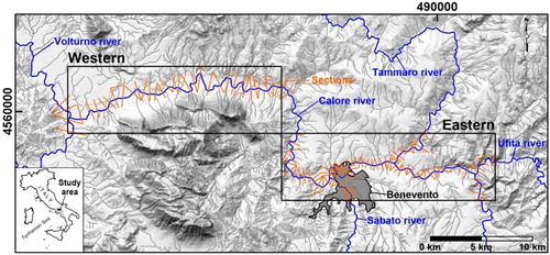 Figure 1. Map showing major rivers of the Benevento Province (blue lines), western and eastern river segments object of the analysis (dark rectangles with labels) and cross sections (orange lines) used for the production of the digital elevation model of the water surface (wDEM). UTM 33 N coordinates are shown at the upper and left sides of the map.