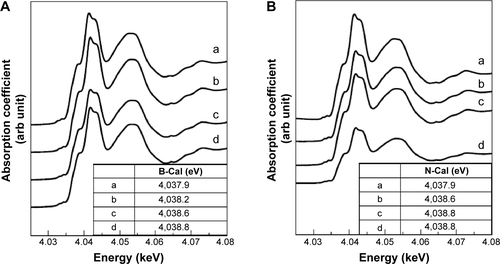 Figure S6 XANES at calcium K-edge for B-Cal (A), and N-Cal (B), treated with simulated body fluid, untreated (a) and gastric fluid (b), intestinal fluid (c) and plasma (d) for 48 hours.Note: The inset table shows the edge position obtained by secondary differentiation of peak.Abbreviations: arb, arbitrary; B-Cal, bulk calcium carbonates; N-Cal, nano calcium carbonates; XANES, X-ray absorption near edge structure.