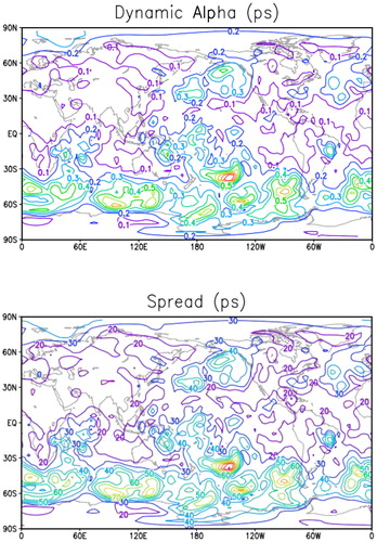 Fig. 4. Horizontal structure of the dynamic alpha (top) and spread (bottom) of the sea level pressure (ps) on February 28 at 18Z.
