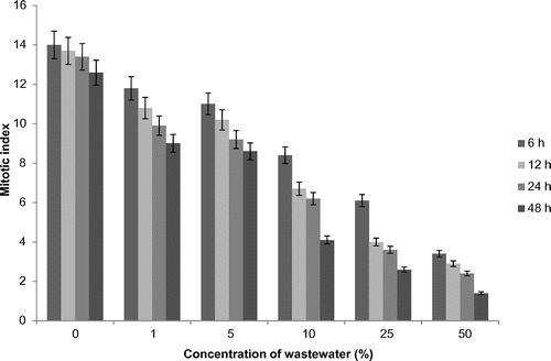 Figure 3. Mitotic index of Allium cepa cells at various time intervals and concentrations of bilge water.