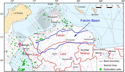Figure 1. Political map of northwestern Venezuela indicating the approximate situation of the Falcón Basin (dot line), the limits of Venezuela states, the seismic lines and the exploration wells drilled since 1912. Note that the Maracaibo and the coastal Falcón region, including the offshore areas, have been extensively explored, whereas the interior Falcón state remains poorly studied.