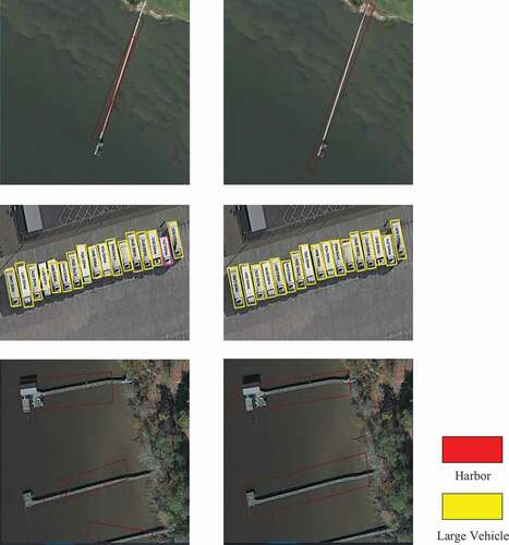 Figure 6. Comparison of using the DASR (right) and baseline (left) in the harbour and large vehicle categories