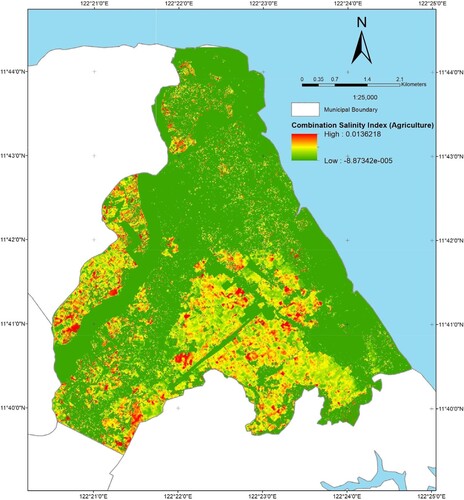Figure 6. Combination salinity index excluding non-agricultural areas shown as green areas in this map.