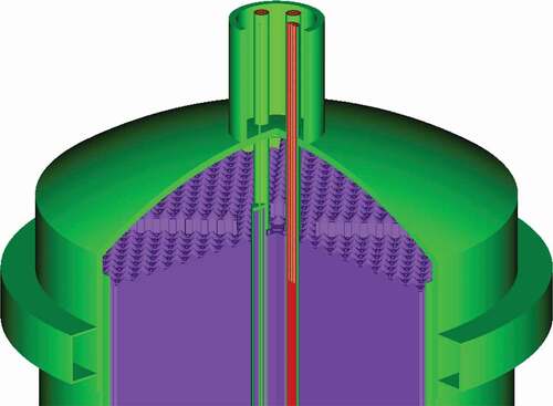 Fig. 6. SCALE model of MSRE’s reactor vessel without the fuel salt. The tapered end sections of the graphite stringers with different heights, the control rod, and the sample basket are visible.