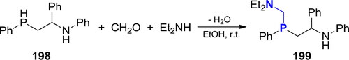 Scheme 120. 3C-phospha-Mannich reaction of N-(1-phenyl-2-(phenylphosphino)ethyl)aniline with Et2NH and CH2O.[Citation387]