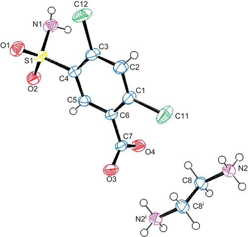 Figure 2.  The molecular structure and atomic labeling scheme of 1. Displacement ellipsoids are drawn at the 40% probability level.