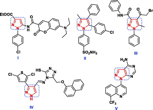 Figure 1. Some reported pyrazole hybrid molecules as antimicrobial agents.