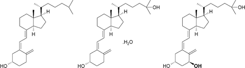 Figure 1. Chemical structures of cholecalciferol, calcifediol monohydrate, and calcitriol.