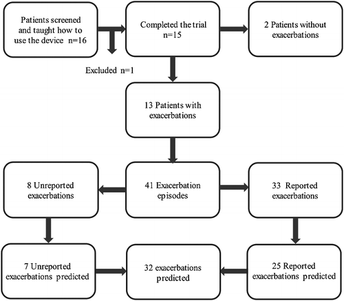 Figure 3. Flowchart with complete information on patient involvement, dropout and AECOPD predicted during the pilot study using a decision tree forest. Symptom-based exacerbations were considered.
